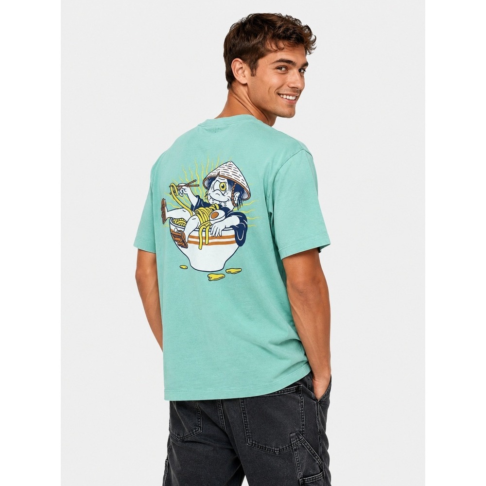 Zara Mens Green Ramen Graphic 100% Cotton T-Shirt Short Sleeve Crew Neck M NWOT